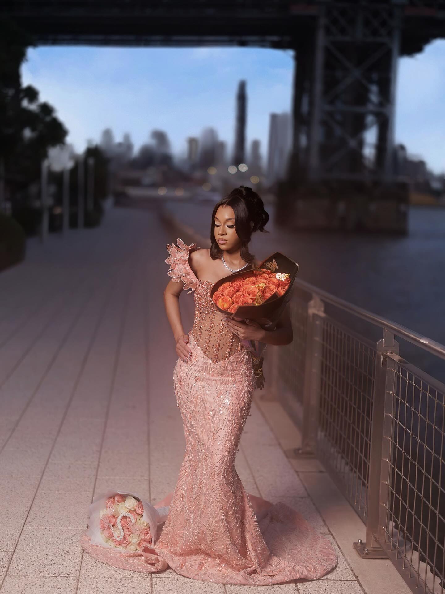 2026 Peach Pink Mermaid Prom Dress – 3D Floral One-Shoulder Detail & Pearl Beaded Bodice | Luxury Illusion Evening Gown with Cathedral Train