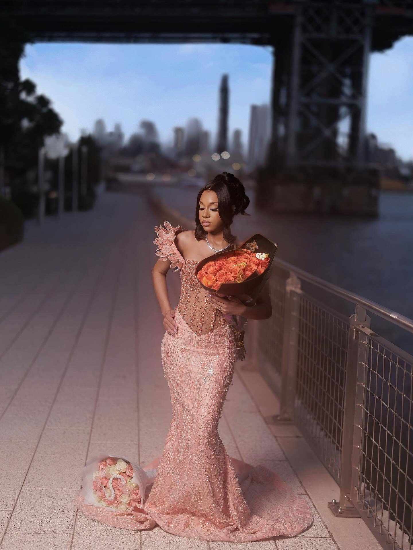 2026 Peach Pink Mermaid Prom Dress – 3D Floral One-Shoulder Detail & Pearl Beaded Bodice | Luxury Illusion Evening Gown with Cathedral Train