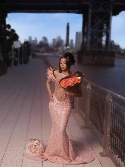 2026 Peach Pink Mermaid Prom Dress – 3D Floral One-Shoulder Detail & Pearl Beaded Bodice | Luxury Illusion Evening Gown with Cathedral Train