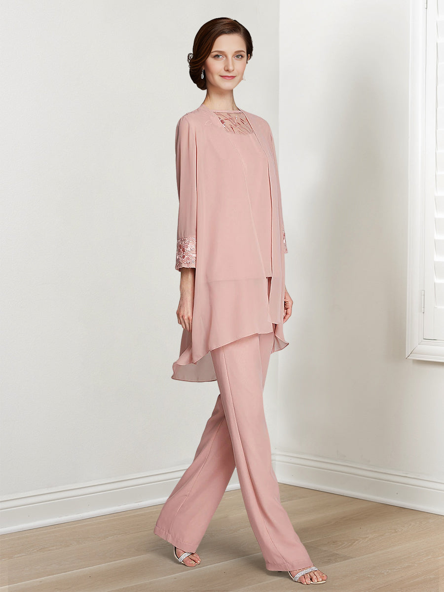 Floor-Length Square Neck Chiffon Pantsuit With Long Sleeves and Jacket for the Mother of the Bride-BMbridal