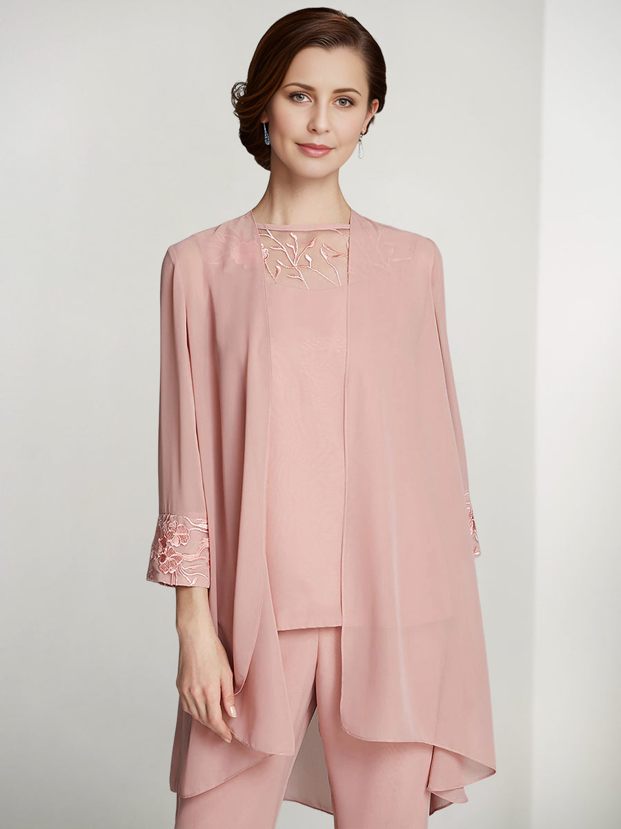 Floor-Length Square Neck Chiffon Pantsuit With Long Sleeves and Jacket for the Mother of the Bride-BMbridal
