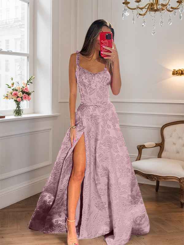 Hot Pink A Line Floral Long Prom Dress with High Slit