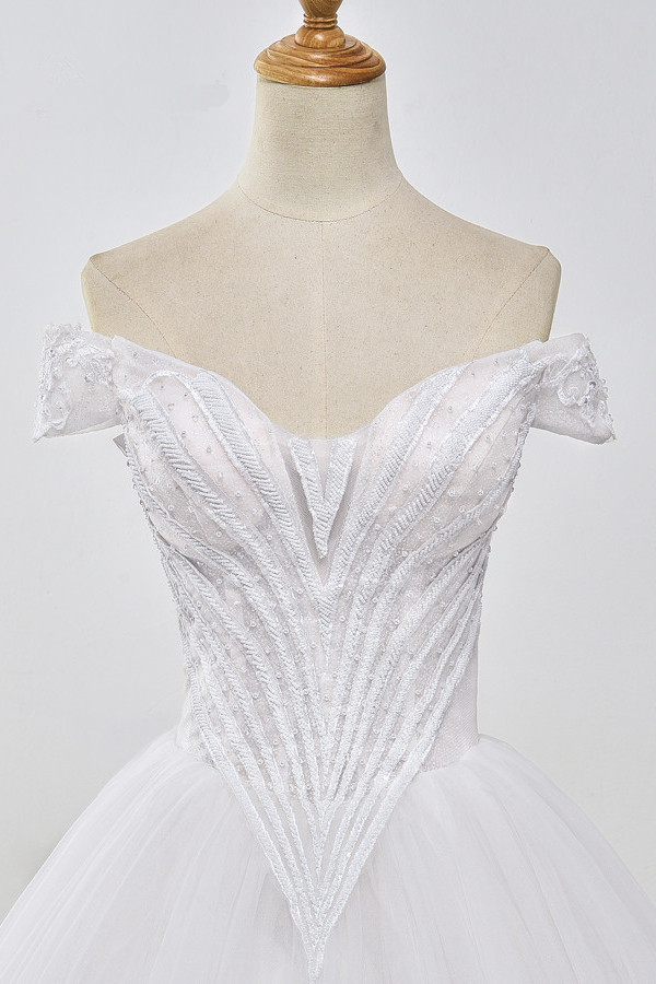 BMbridal Stunning Off-the-Shoulder Ball Gown White Tulle Wedding Dress Sweetheart Sleeveless Beadings Bridal Gowns Online-BMbridal