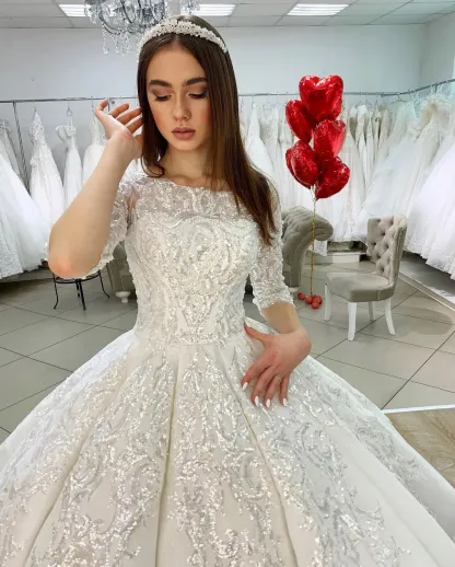 Classy Floor-Length Satin Princess Bateau Wedding Dress Long Sleeves with Appliques Lace