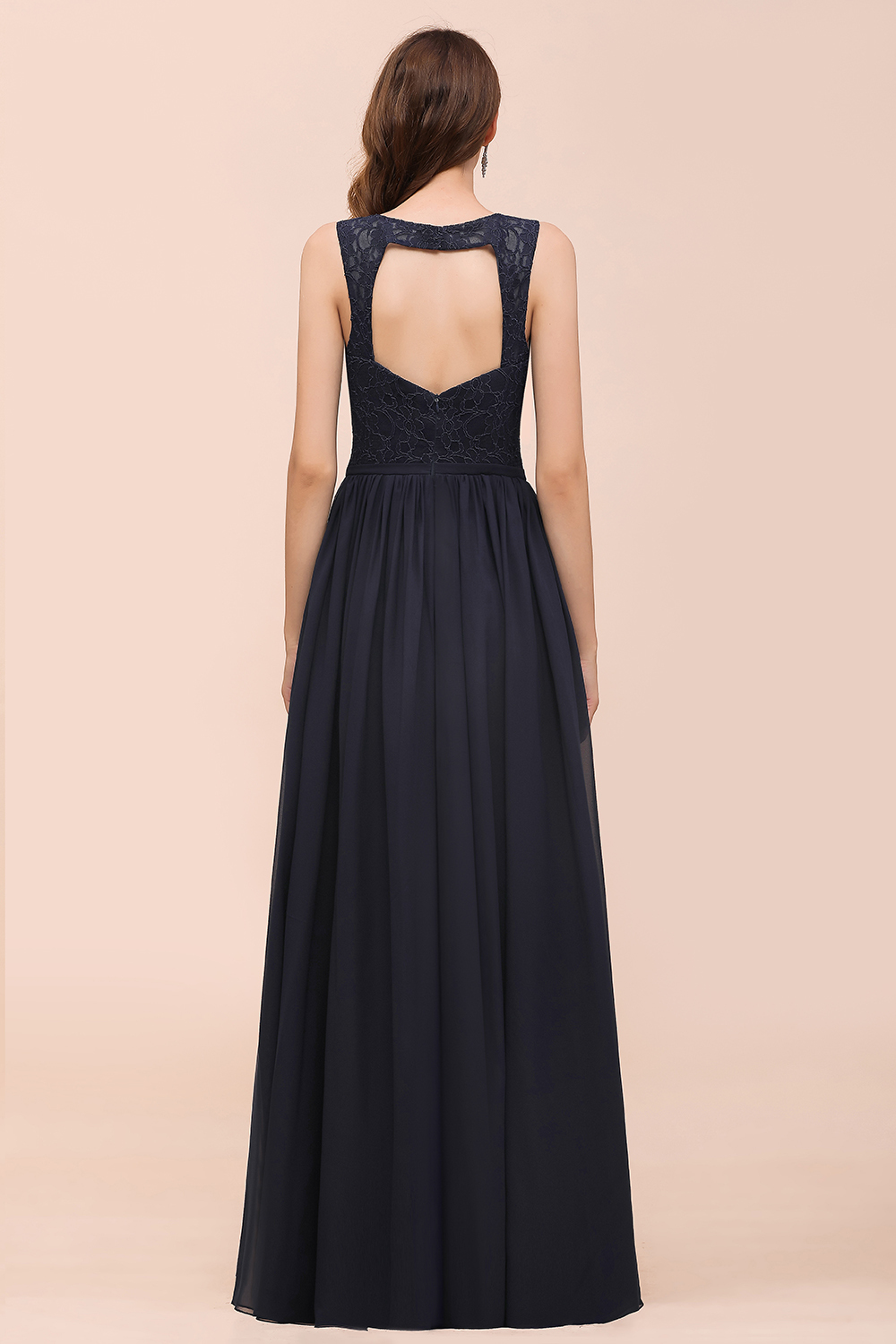 BMbridal Affordable Lace V-Neck Navy Bridesmaid Dress with Open Back-BMbridal