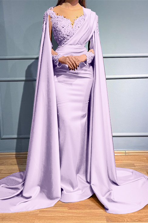 Rust Long Sleeves Beads Appliques Mermaid Long Evening Dress With Ruffles