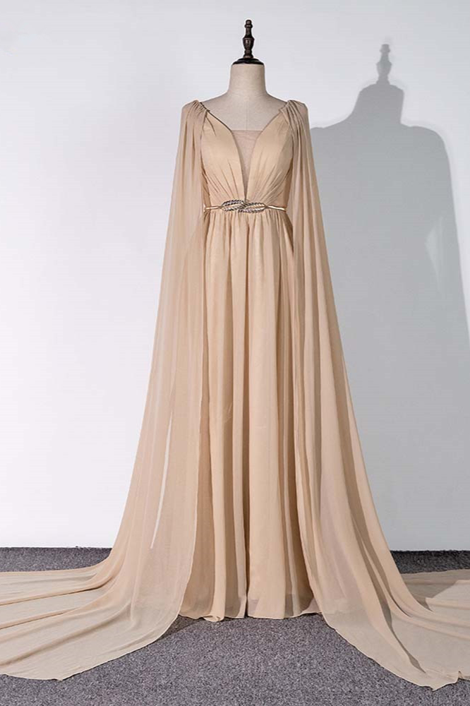 BMbridal Chic Chiffon V-Neck Ruffle Prom Dresses with Beadings Sash On Sale