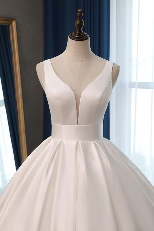 BMbridal Sexy Deep-V-Neck Straps Satin Wedding Dress Ball Gown Ruffles Sleeveless Bridal Gowns Online-BMbridal