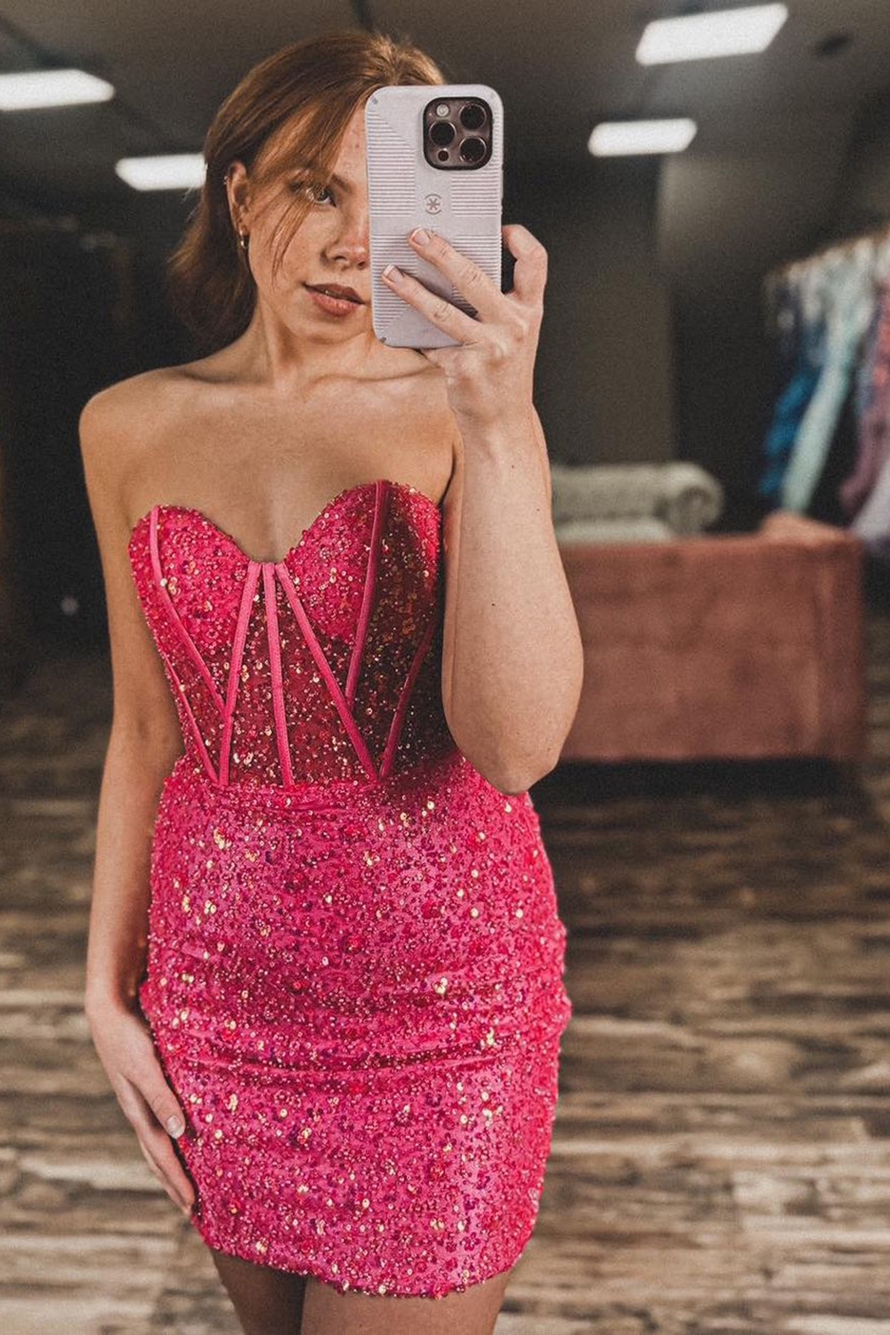 Sparkly Fuchsia Bodycon Sweetheart Sequins Corset Tight Short Homecoming Dress-BMbridal