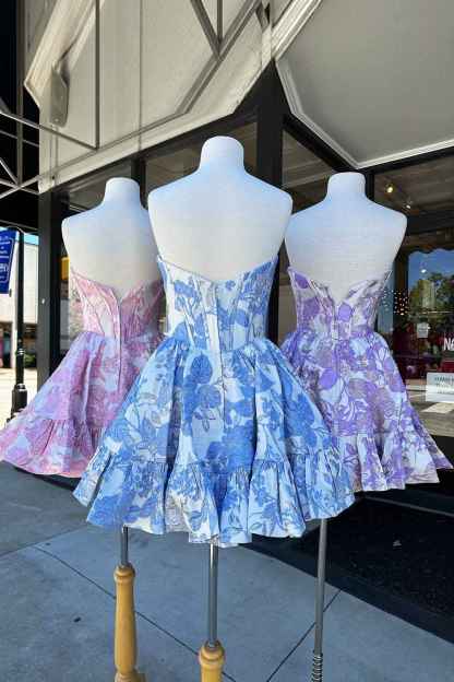 Blue Strapless Floral A-Line Printed Corset Short Homecoming Dress with Ruffles