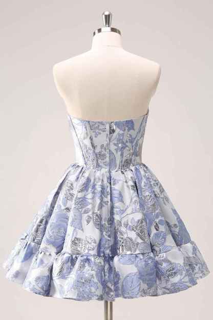 Blue Strapless Floral A-Line Printed Corset Short Homecoming Dress with Ruffles