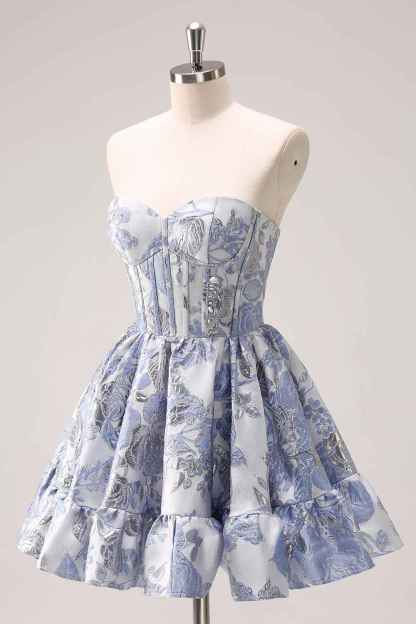 Blue Strapless Floral A-Line Printed Corset Short Homecoming Dress with Ruffles