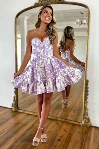Blue Strapless Floral A-Line Printed Corset Short Homecoming Dress with Ruffles
