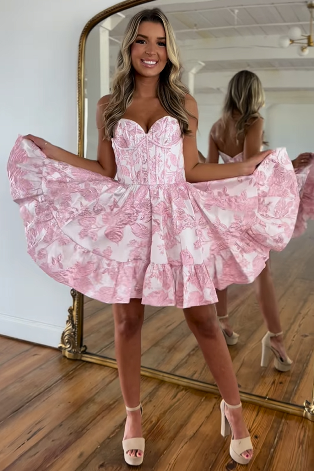 blue homecoming dresses with sleeves Pink A-Line Strapless Print Floral Layered Short Homecoming Dress – Modsele main image 0