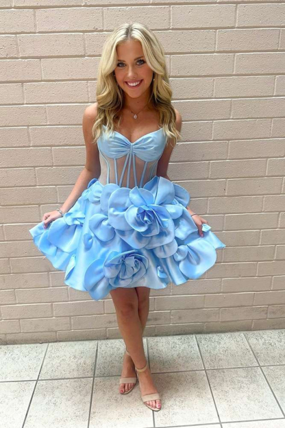Pink Corset A Line Short Homecoming Dress With 3D Flowers