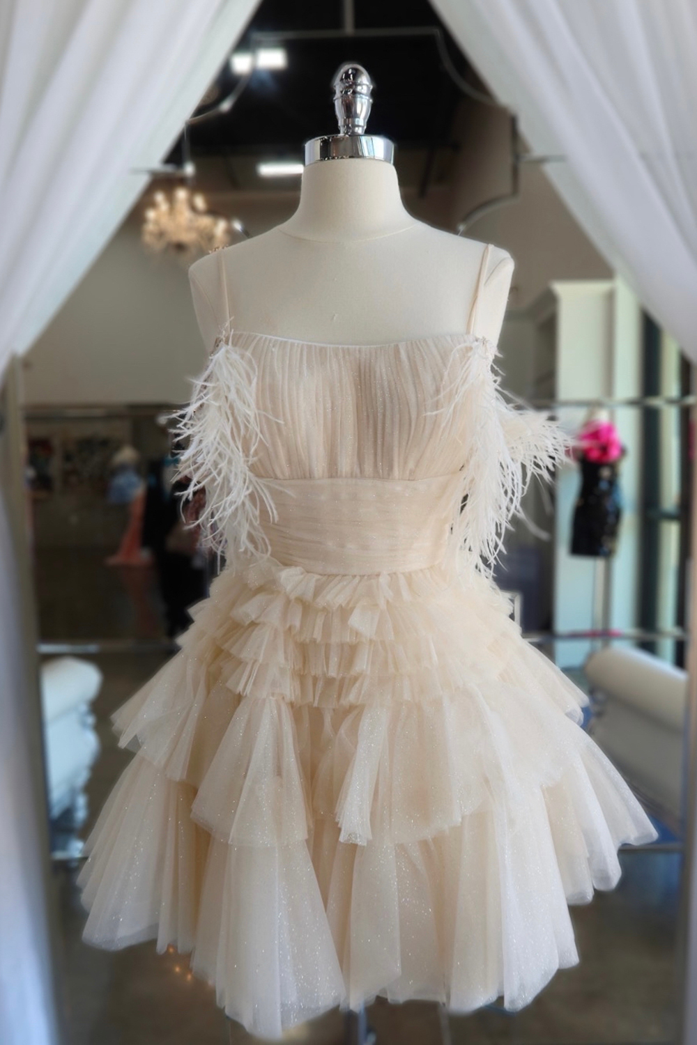 Blue Ruffled Short Homecoming Dress With Feathers