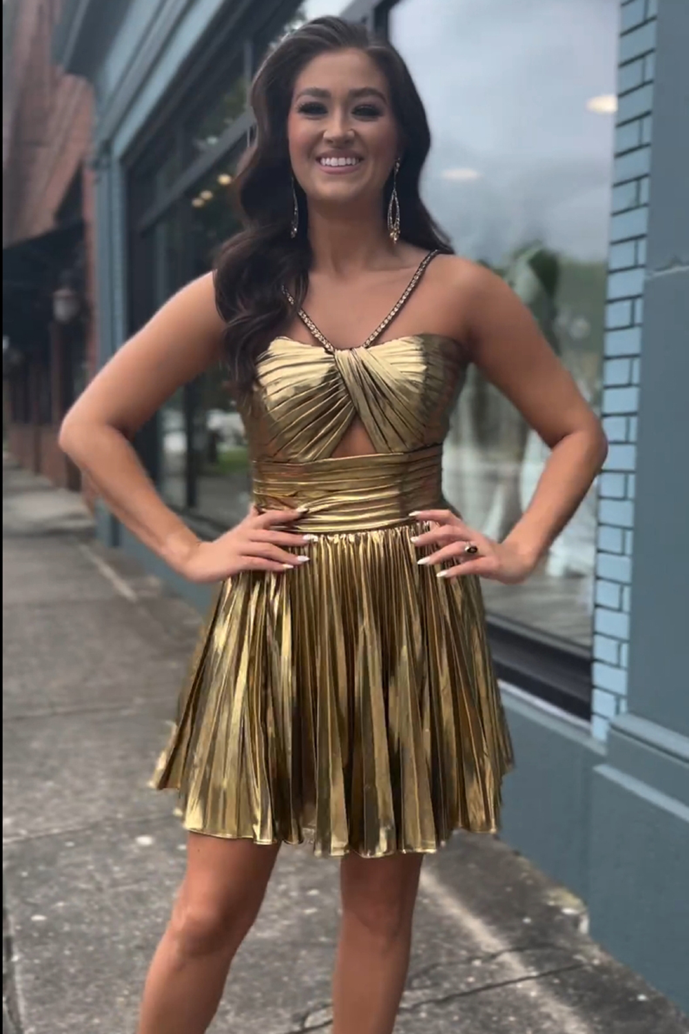 Golden A Line Halter Short Homecoming Dress-BMbridal