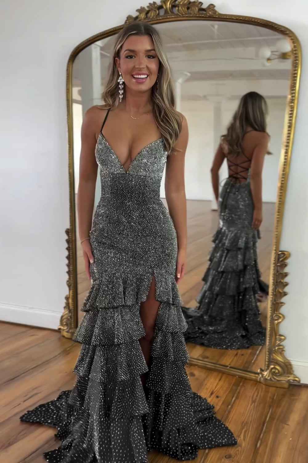Sparkly Mermaid Black Spaghetti Straps Tiered Beaded Prom Dress with Slit