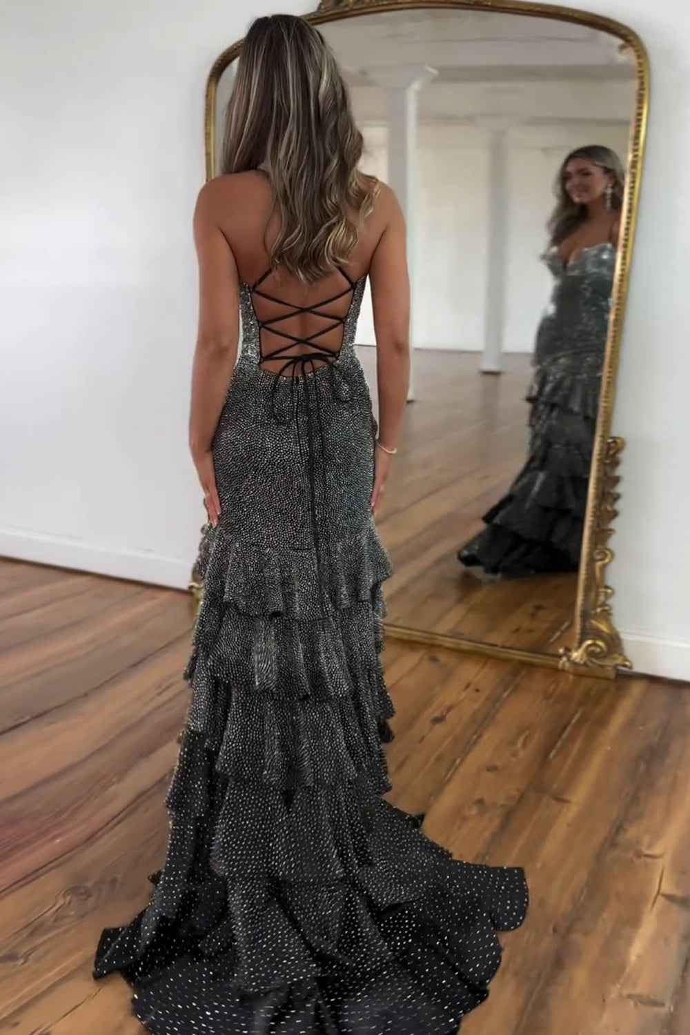 Sparkly Mermaid Black Spaghetti Straps Tiered Beaded Prom Dress with Slit