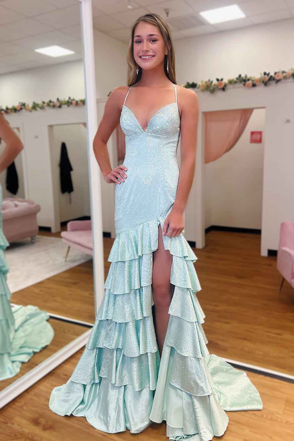 Sparkly Mermaid Black Spaghetti Straps Tiered Beaded Prom Dress with Slit