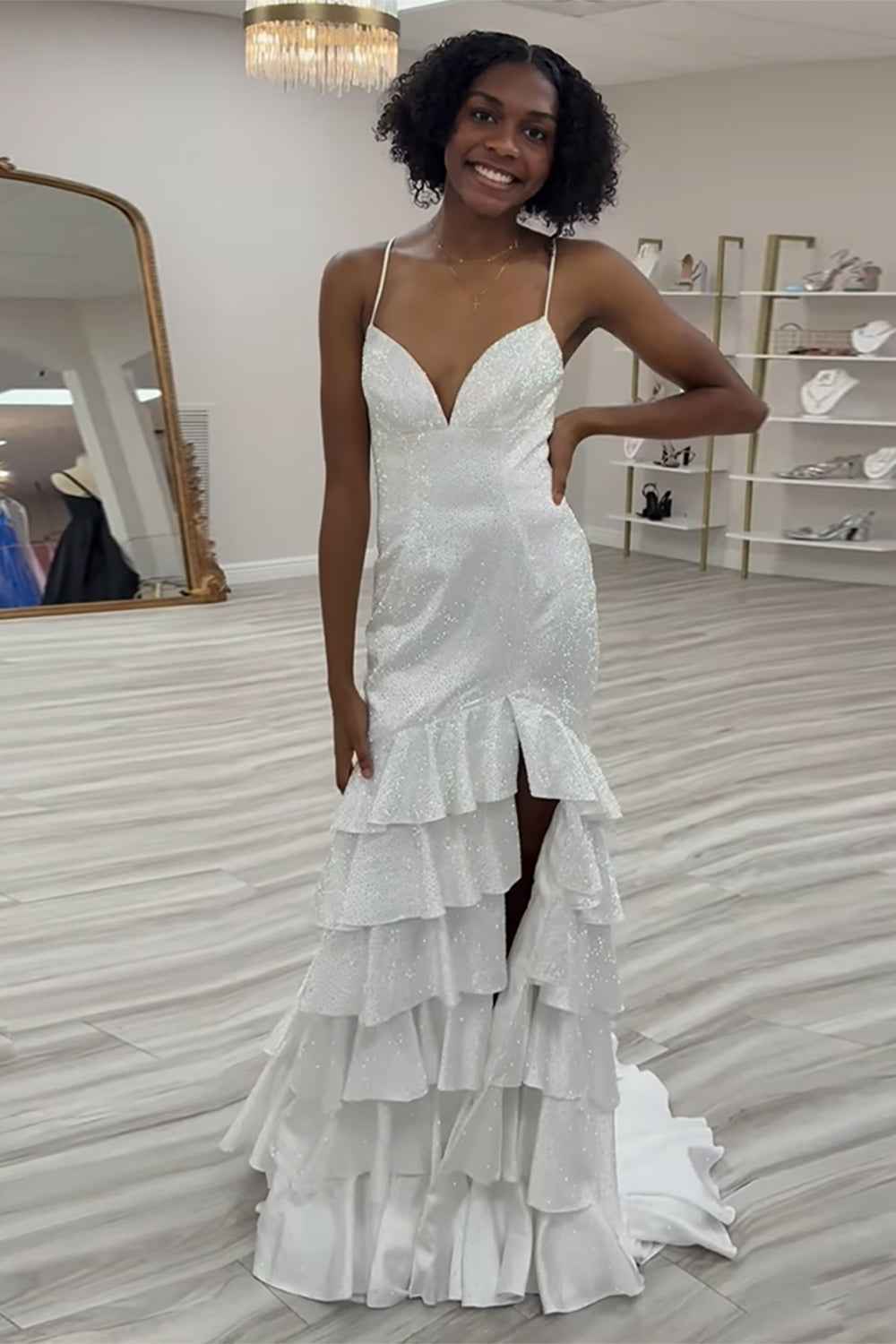 Sparkly Mermaid Black Spaghetti Straps Tiered Beaded Prom Dress with Slit