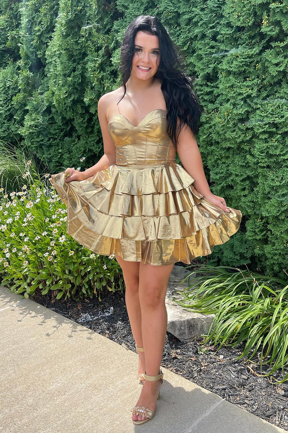 A Line Golden Sweetheart Corset Short Homecoming Dress With Ruffles-BMbridal