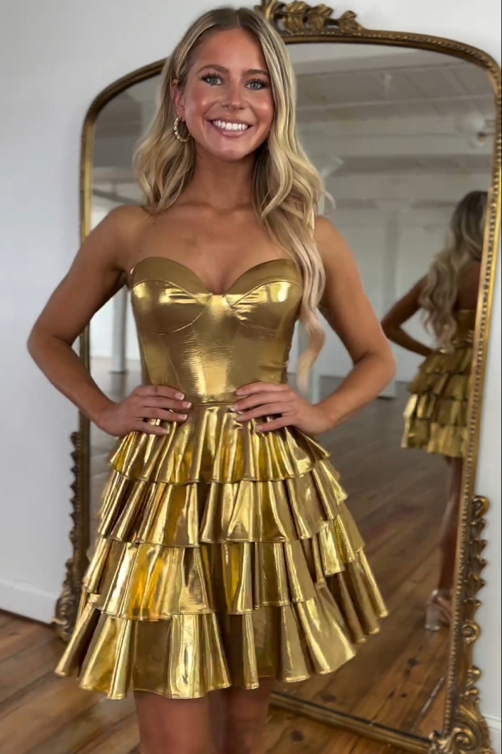 Golden A Line Corset Short Homecoming Dress With Ruffles-BMbridal