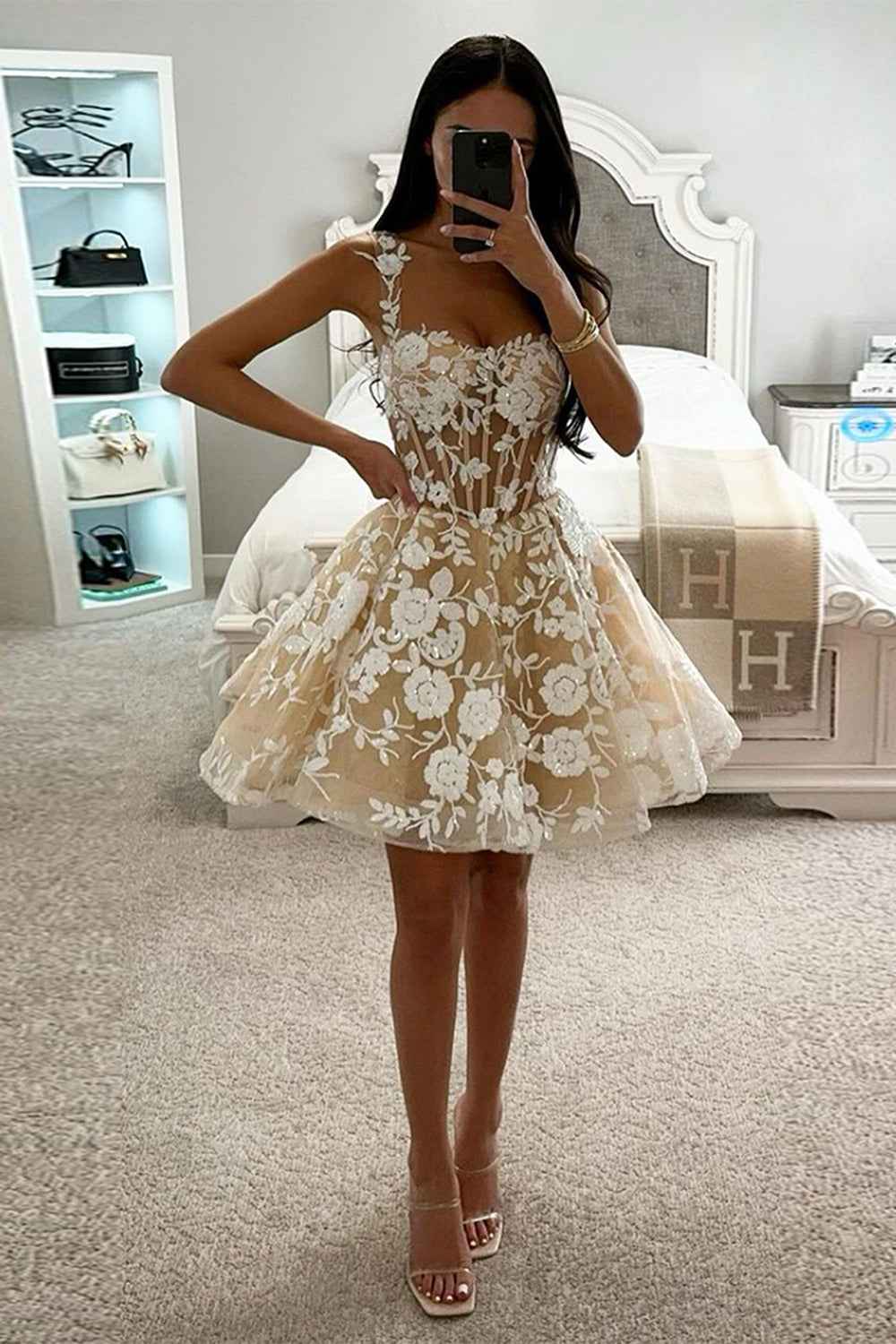 White Champagne Spaghetti Straps Sequins A-Line Short Homecoming Dress with Appliques