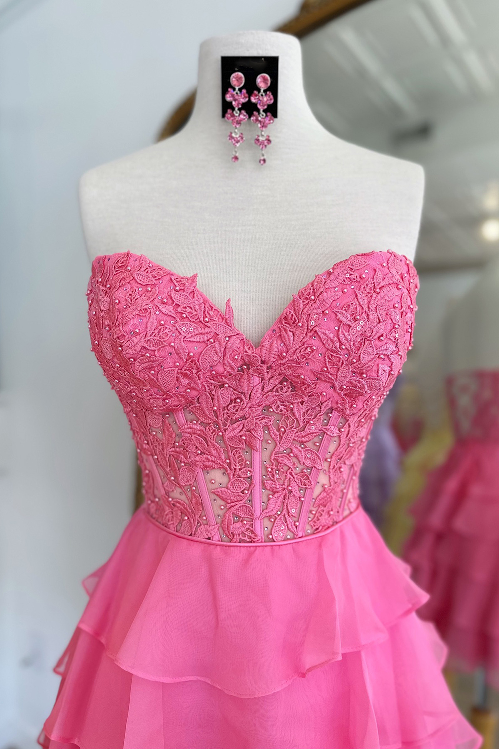 Sparkly Pink Corset Strapless A Line Short Homecoming Dress with Ruffles-BMbridal