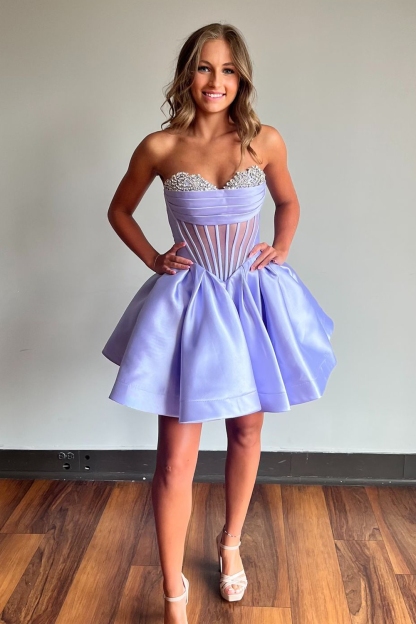 Trendy Fuchsia Corset A Line Strapless Short Homecoming Dress with Beadings