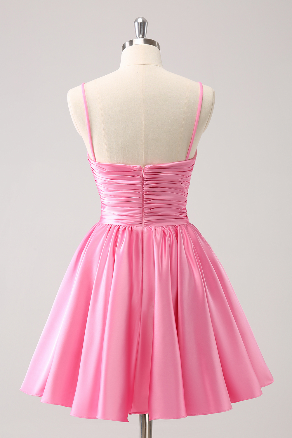 A Line Pink Spaghetti Straps Tiered Short Homecoming Dress with Bow-BMbridal