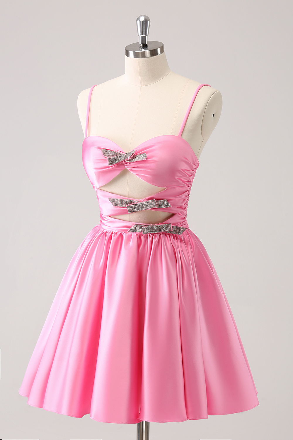 A Line Pink Spaghetti Straps Tiered Short Homecoming Dress with Bow-BMbridal