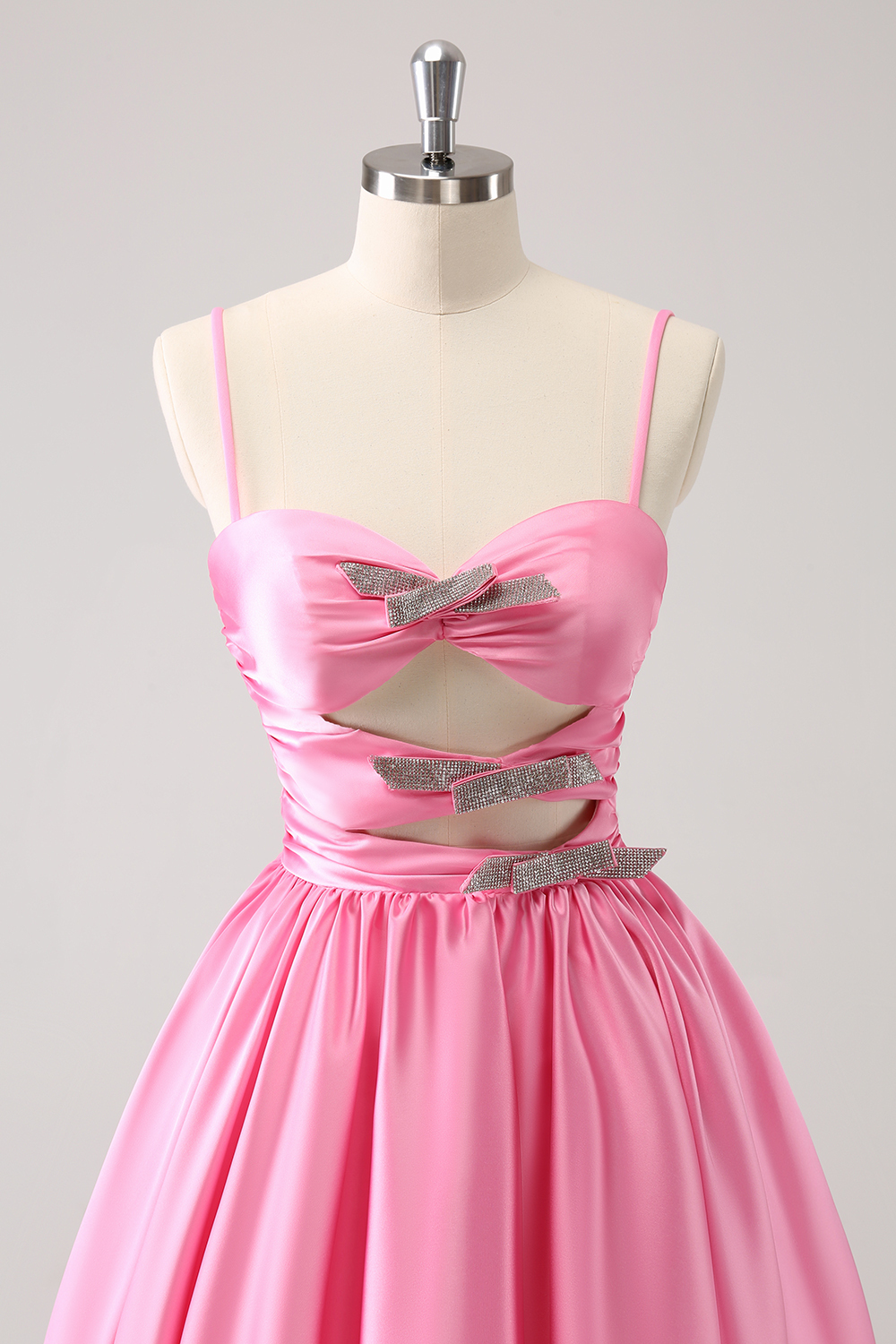 A Line Pink Spaghetti Straps Tiered Short Homecoming Dress with Bow-BMbridal