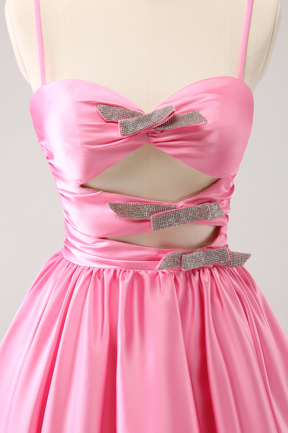 A Line Pink Spaghetti Straps Tiered Short Homecoming Dress with Bow-BMbridal