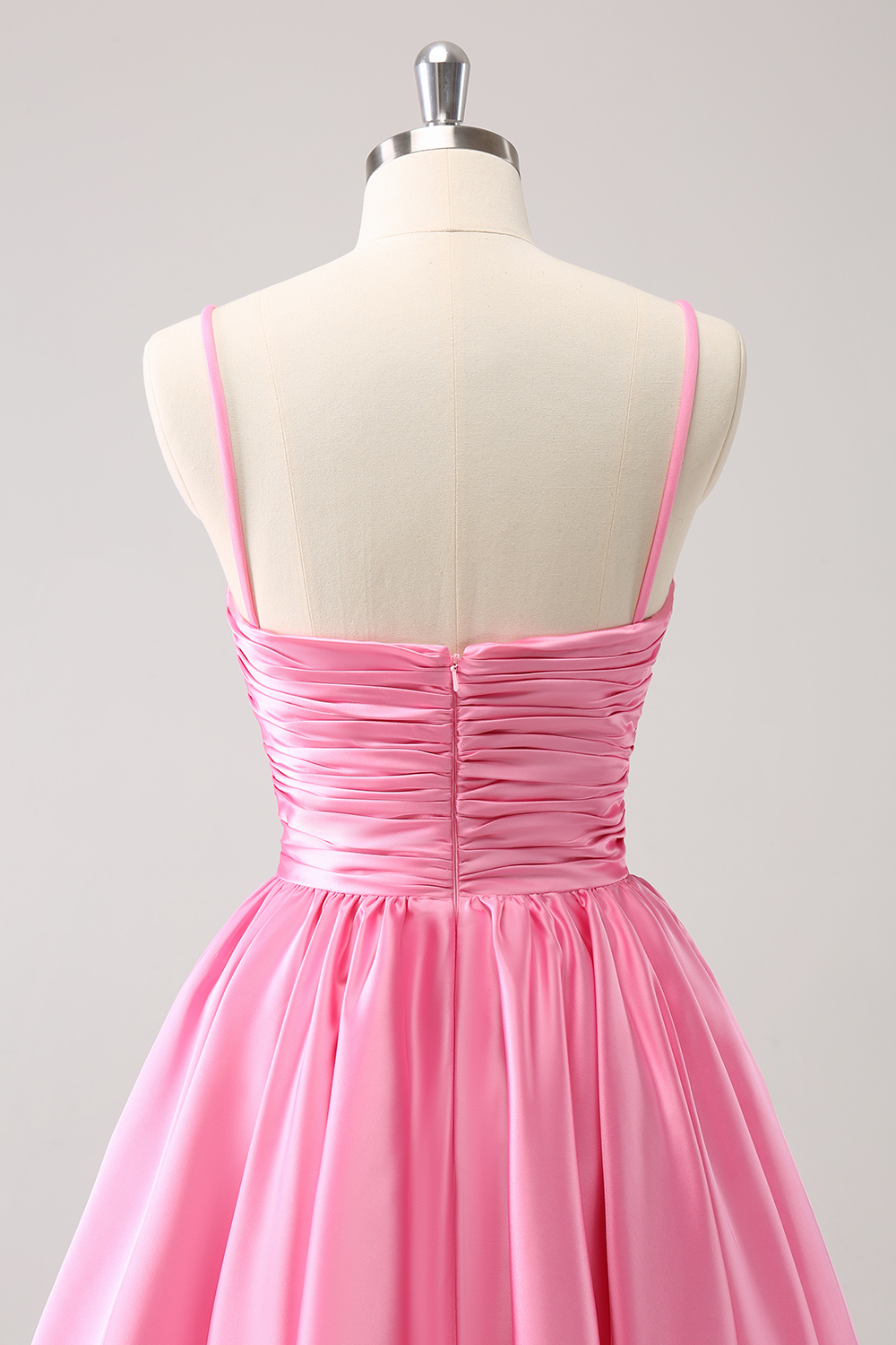 A Line Pink Spaghetti Straps Tiered Short Homecoming Dress with Bow-BMbridal