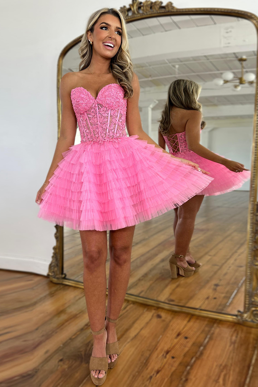 Pink A Line Strapless Tiered Short Homecoming Dress With Appliques-BMbridal