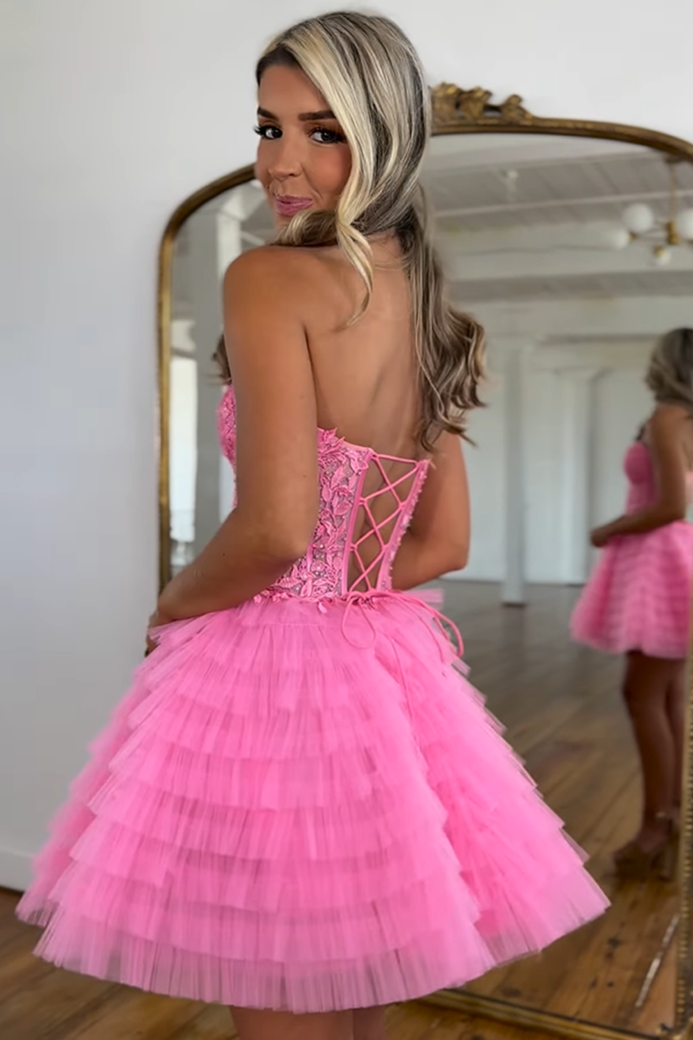 Pink A Line Strapless Tiered Short Homecoming Dress With Appliques-BMbridal