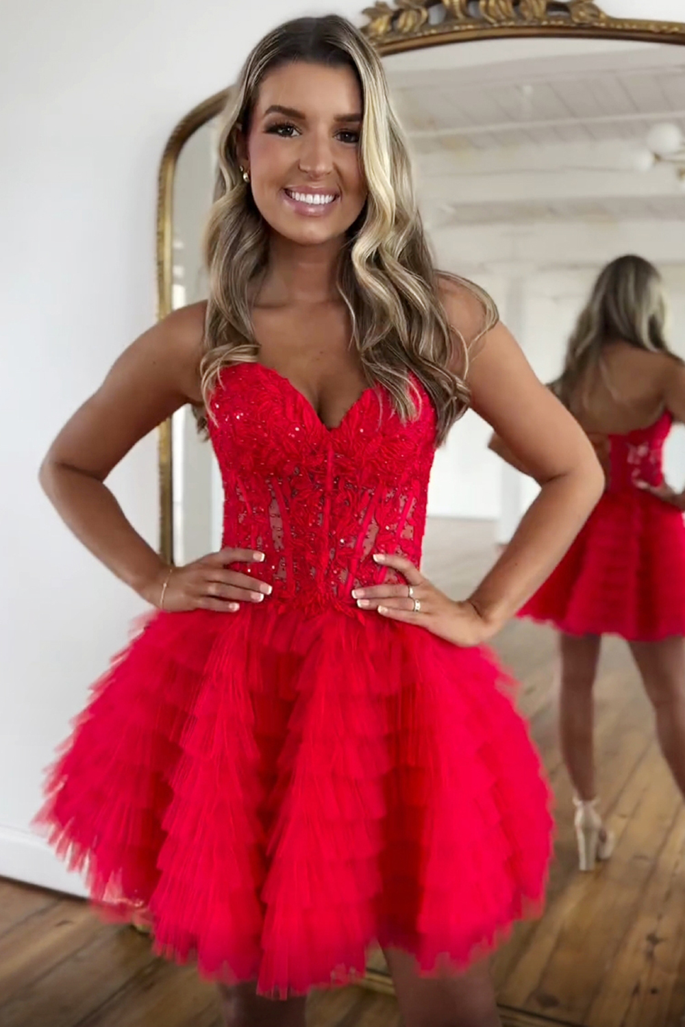 Pink A Line Strapless Tiered Short Homecoming Dress With Appliques-BMbridal