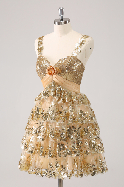 Sparkly Blue A Line Sequins Short Ruffled Homecoming Dress