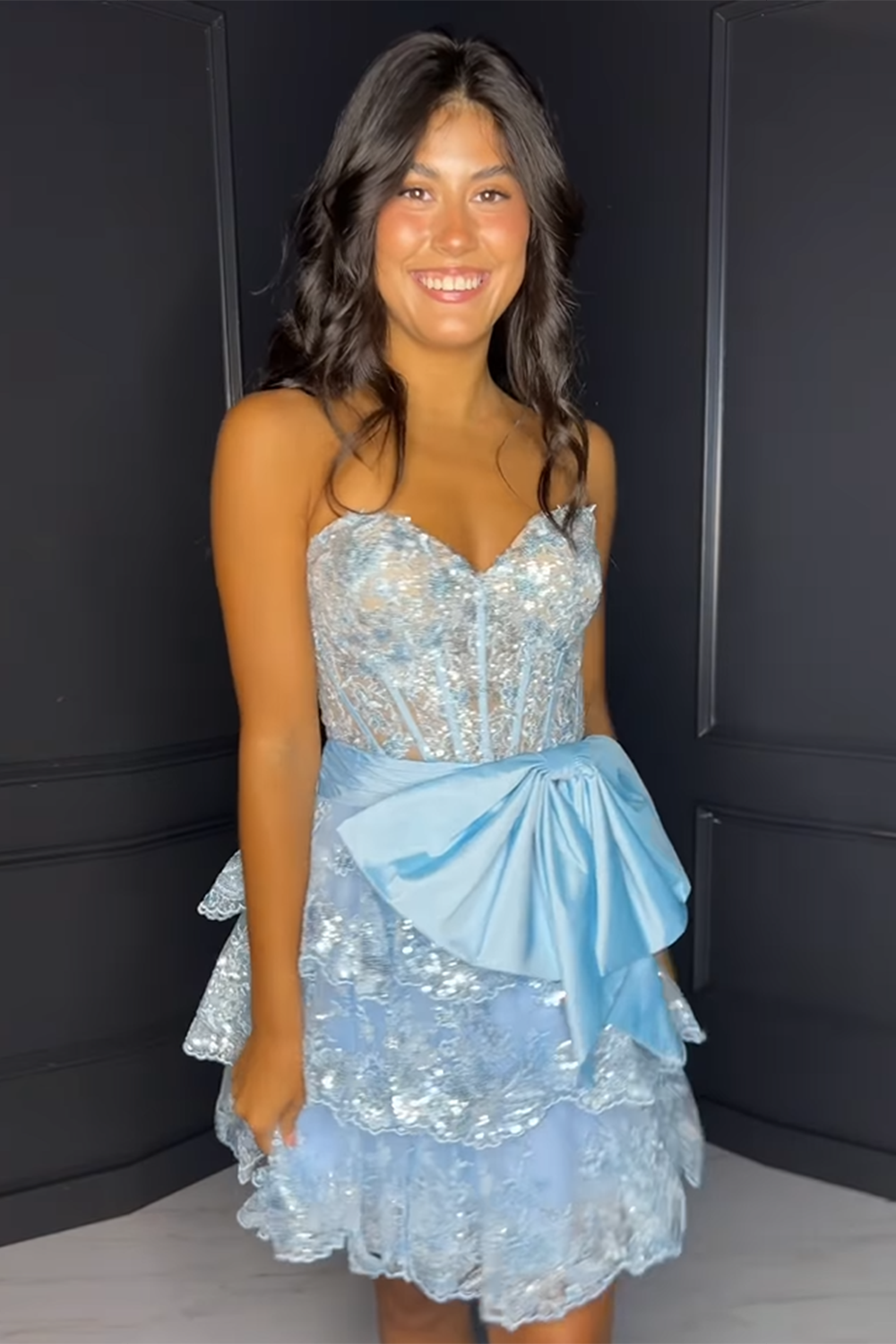Sparkly A Line Light Blue Strapless Short Homecoming Dress with Bow-BMbridal