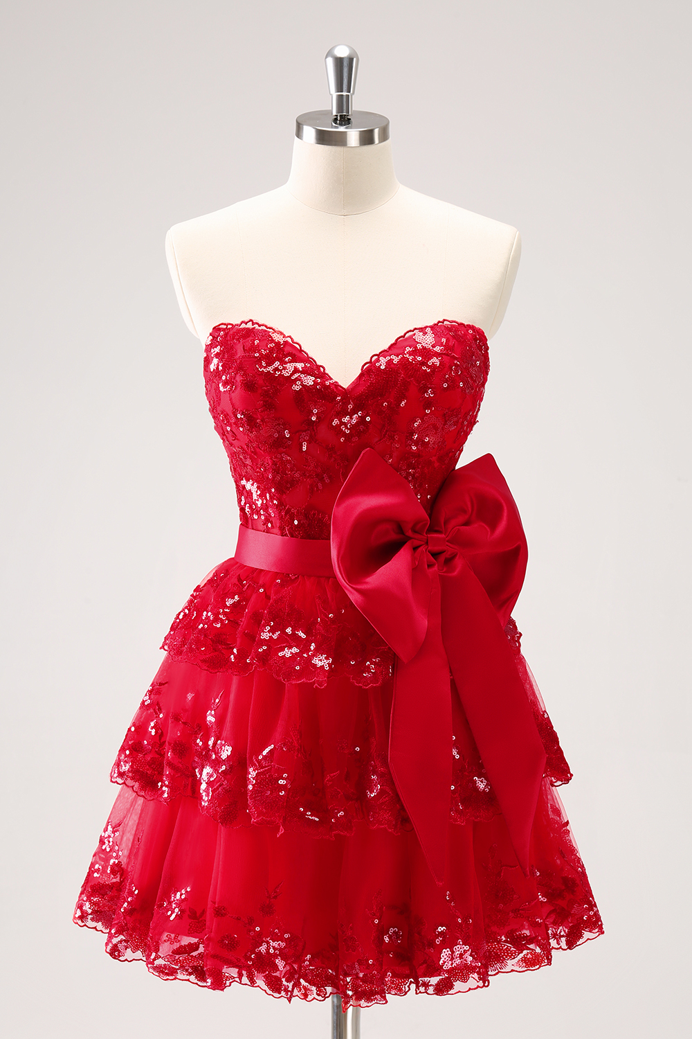 Sparkly A Line Red Strapless Short Homecoming Dress with Bow-BMbridal