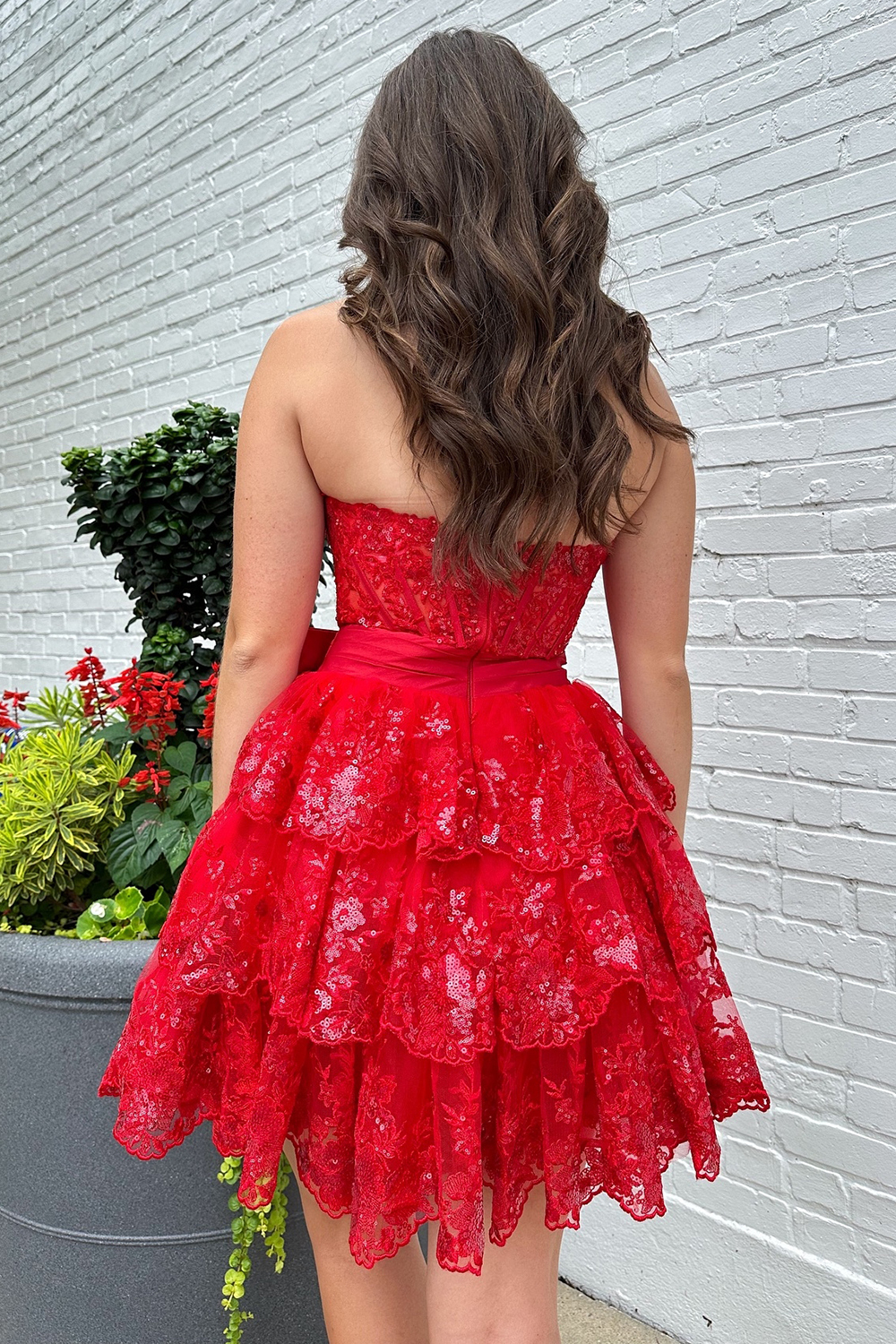 Sparkly A Line Red Strapless Corset Short Homecoming Dress with Bow-BMbridal