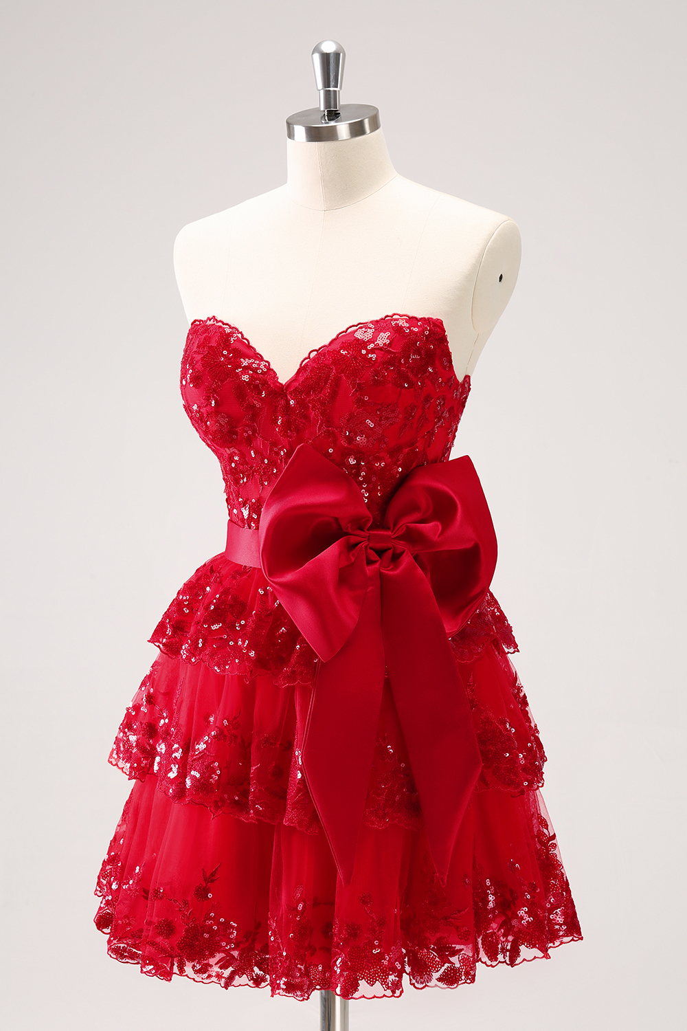 Sparkly A Line Red Strapless Corset Short Homecoming Dress with Bow-BMbridal