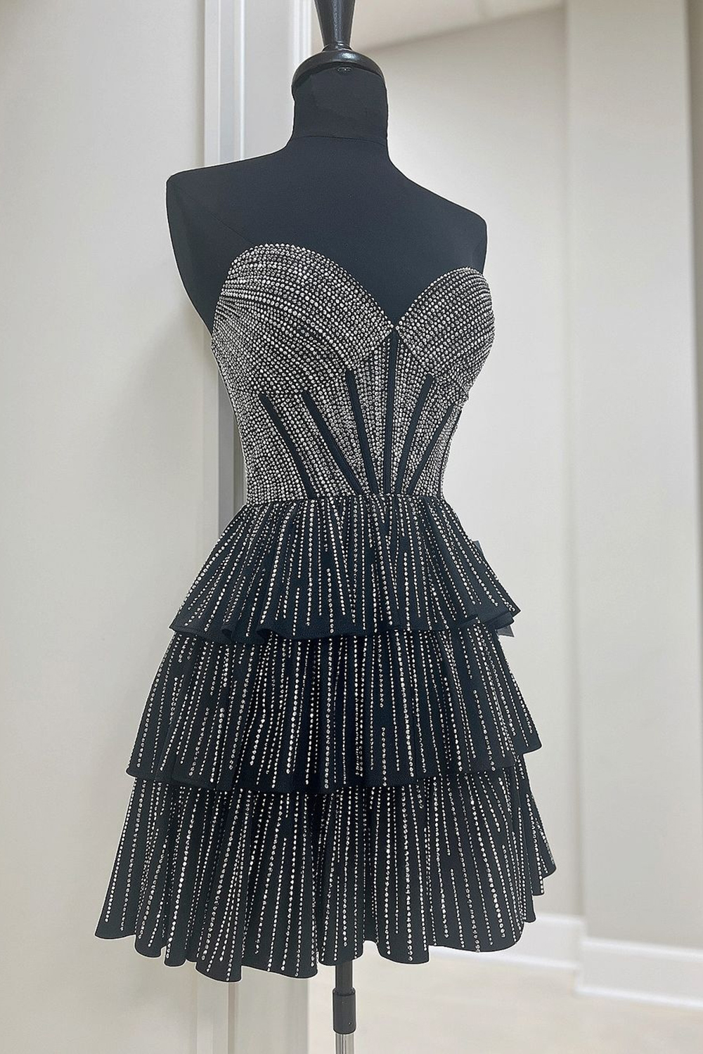 Sparkly Black A Line Corset Short Homecoming Dress With Ruffles-BMbridal