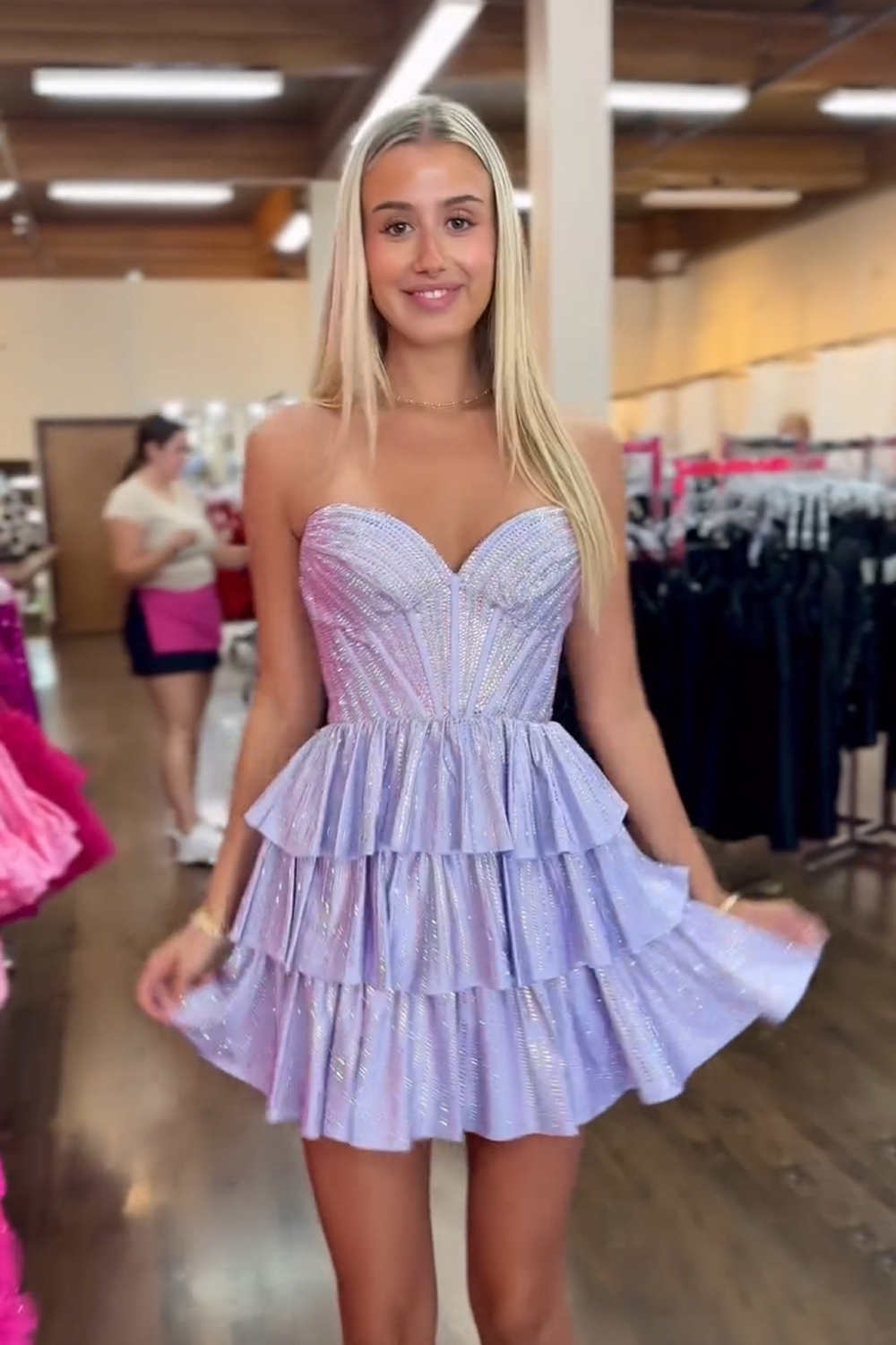 Sparkly Lilac A Line Corset Strapless Tiered Short Homecoming Dress-BMbridal