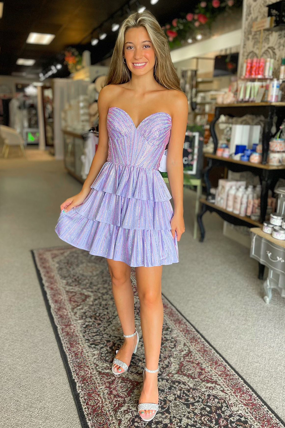 Sparkly Lilac Pink A Line Corset Strapless Tiered Short Homecoming Dress-BMbridal