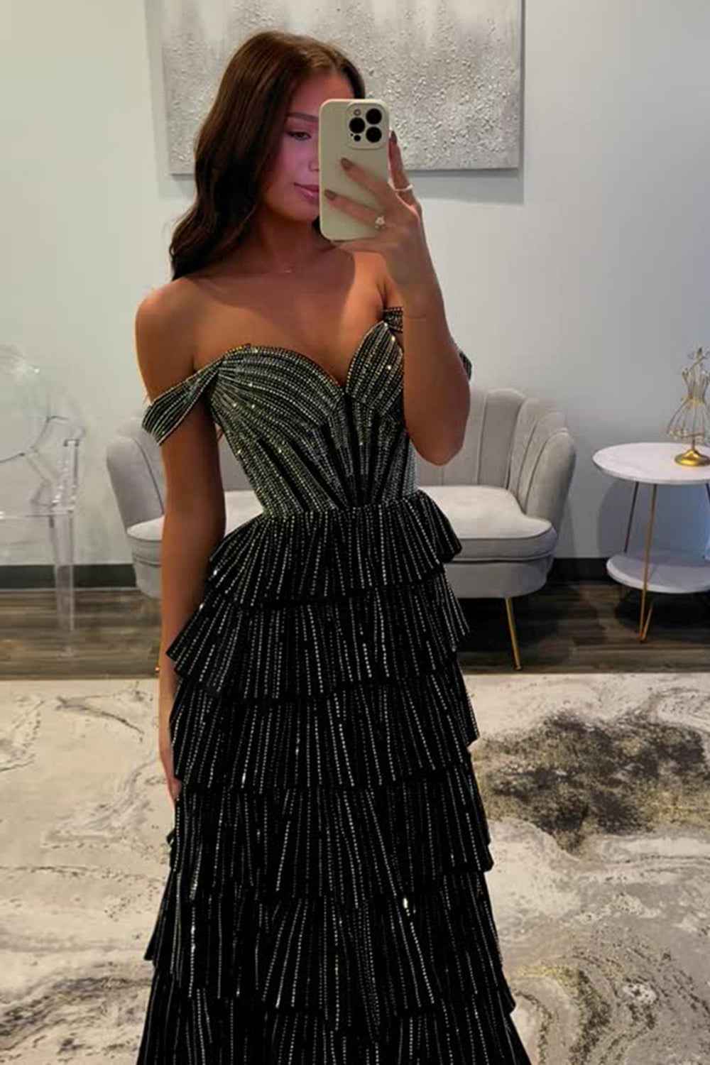 Sparkly Gold Off the Shoulder A-Line Tiered Long Corset Prom Dress with Beading