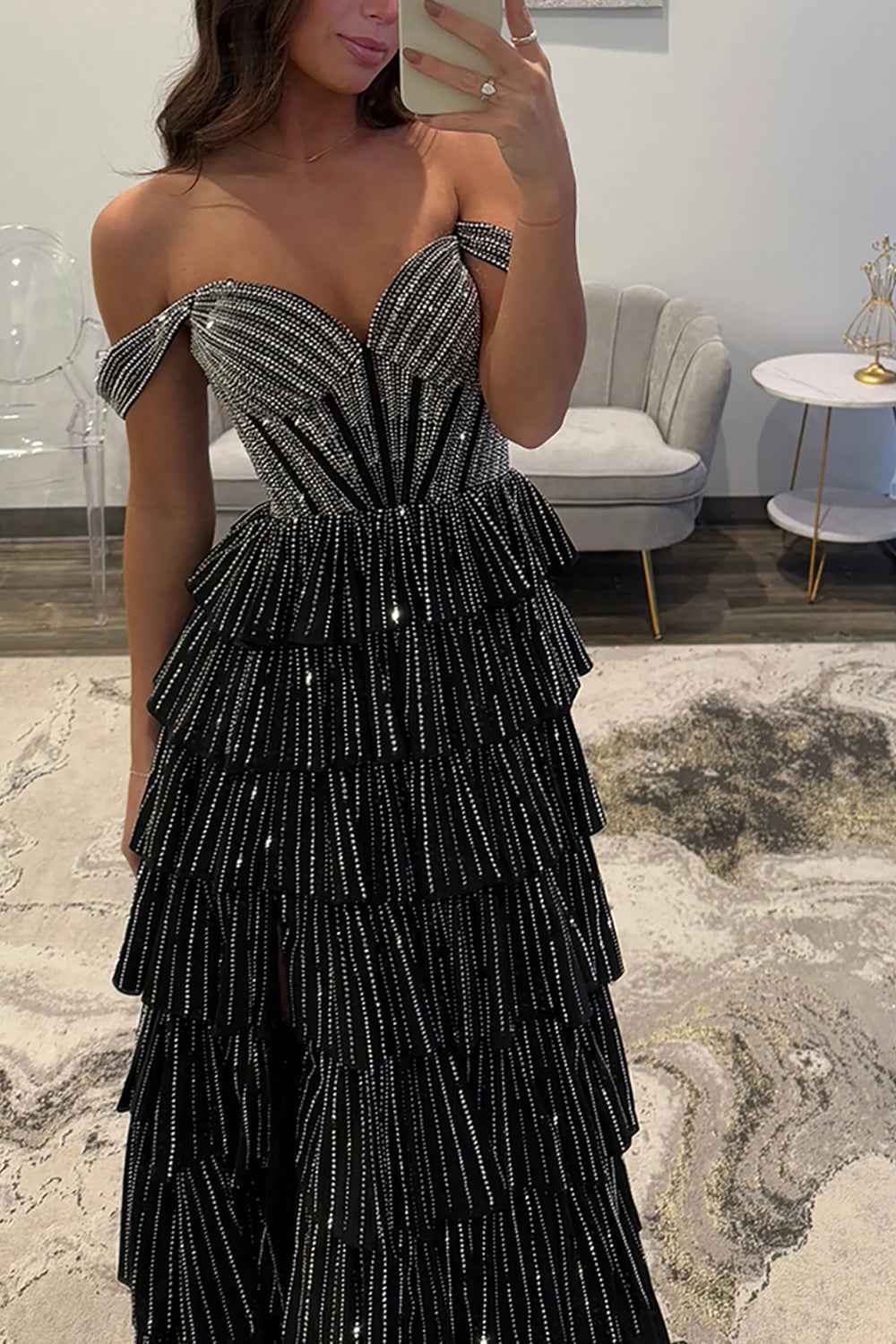 Sparkly Gold Off the Shoulder A-Line Tiered Long Corset Prom Dress with Beading