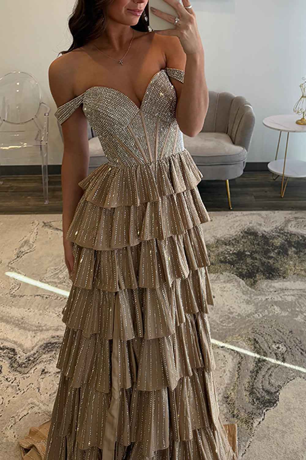 Sparkly Gold Off the Shoulder A-Line Tiered Long Corset Prom Dress with Beading