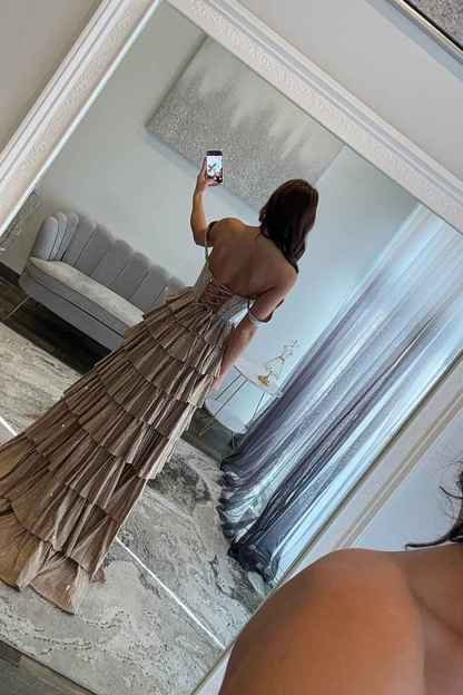 Sparkly Gold Off the Shoulder A-Line Tiered Long Corset Prom Dress with Beading